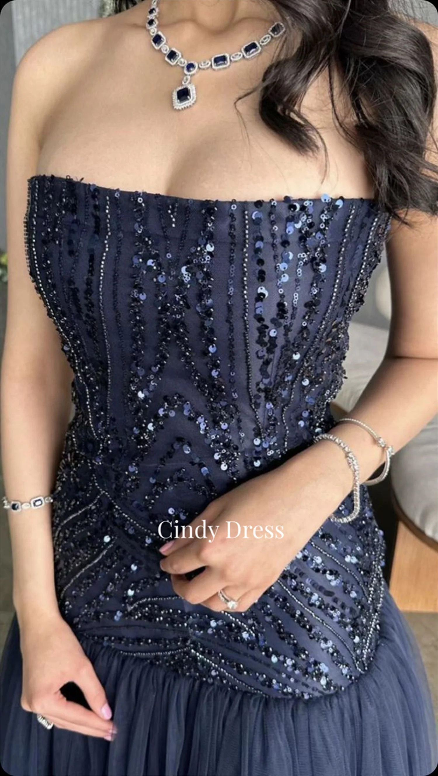 Cindy Off the Shoulders Navy Blue A-line Shiny Elegant Party Dresses 2024 for Wedding Guest Dress Women Evening Gown