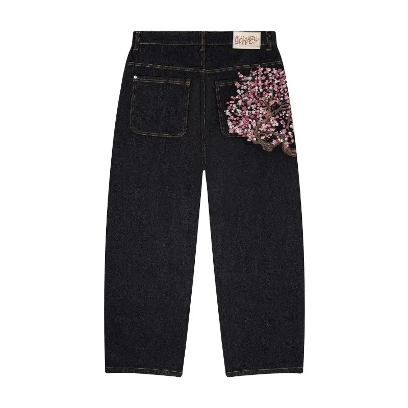 

Y2K Baggy Jeans Cherry Blossom Selvedge Embroidery Denim Pants men women Denim Pants American Hiphop Streetwear Wide Leg Jeans