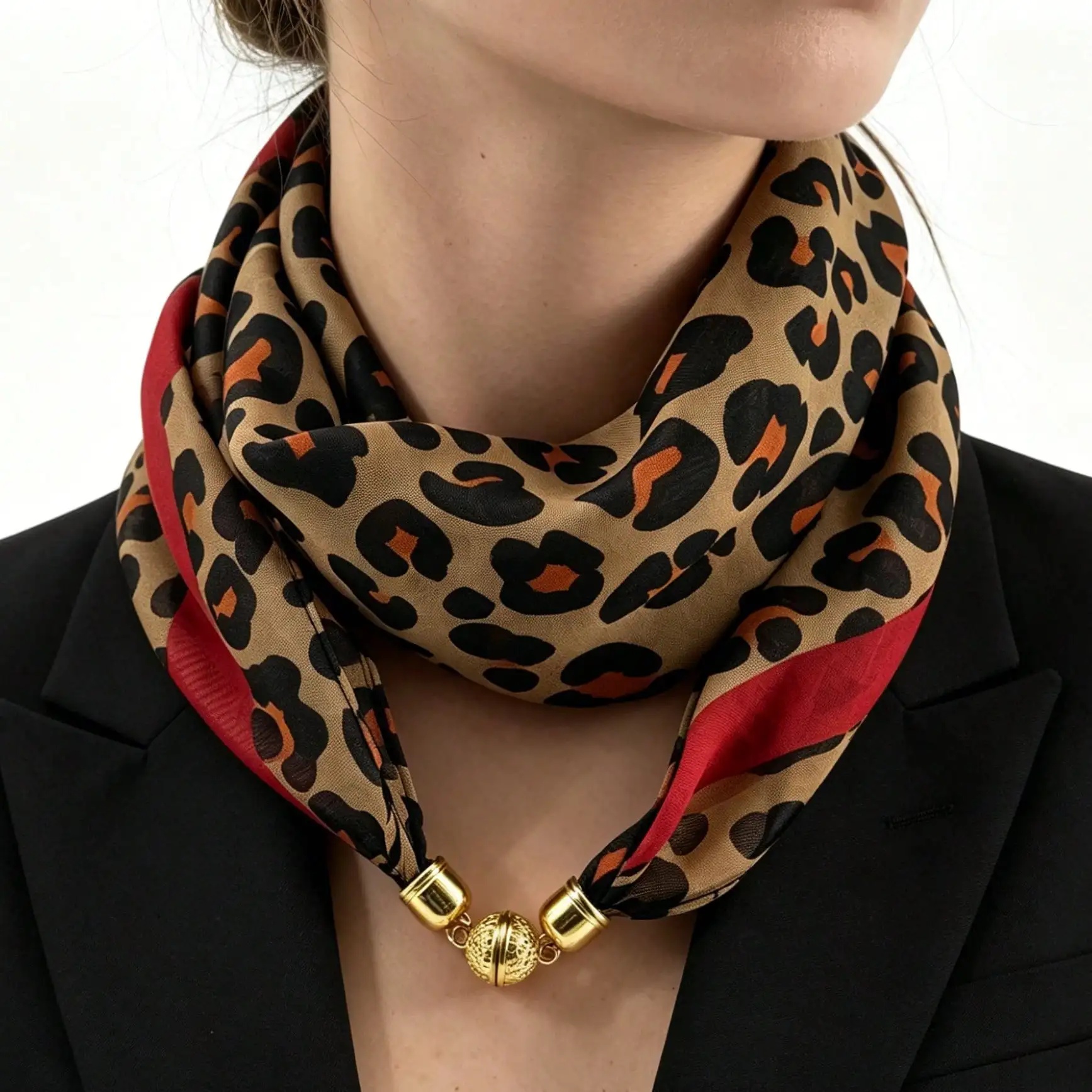 1pc Women's Convenient Magnetic Clasp Leopard Print Scarf, Faux Silk Material Lightweight Soft Smooth，sc260413102089997925983