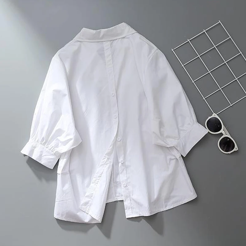 2024 Summer Women\'s Fashion White Simple Blouse Office Lady Business Casual Turn Down Collar Shirt Elegant 3/4 Sleeve Loose Tops