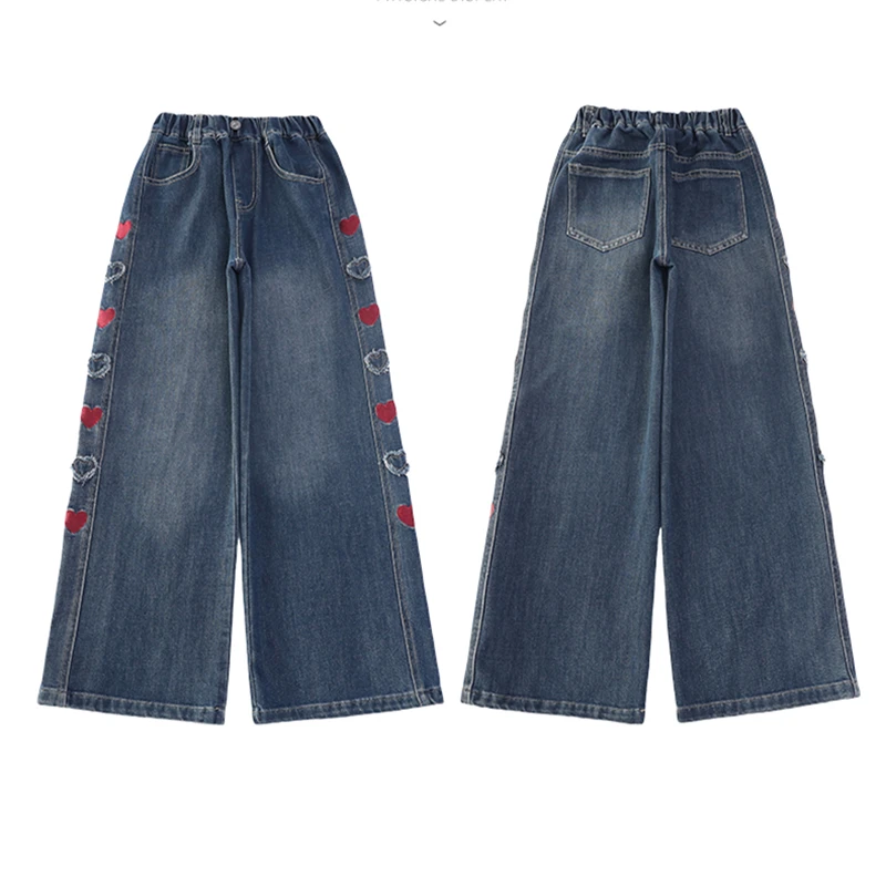

New 2026 Kids Vintage Blue Jeans with A Heart On the Sides for Teen Girls Spring and Autumn Loose Straight Denim Pants Age 5-14Y