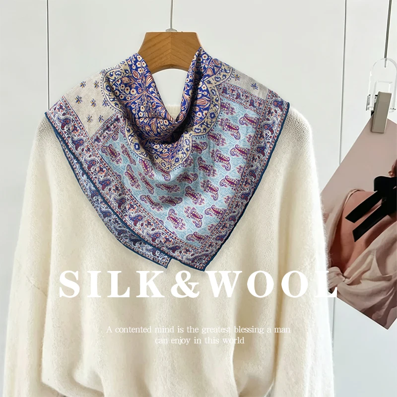 65×65cm Double Sided Contrast Color Wool Silk Square Scarf Vintage Persian Paisley Patchwork Print Women Versatile Scarf Winter