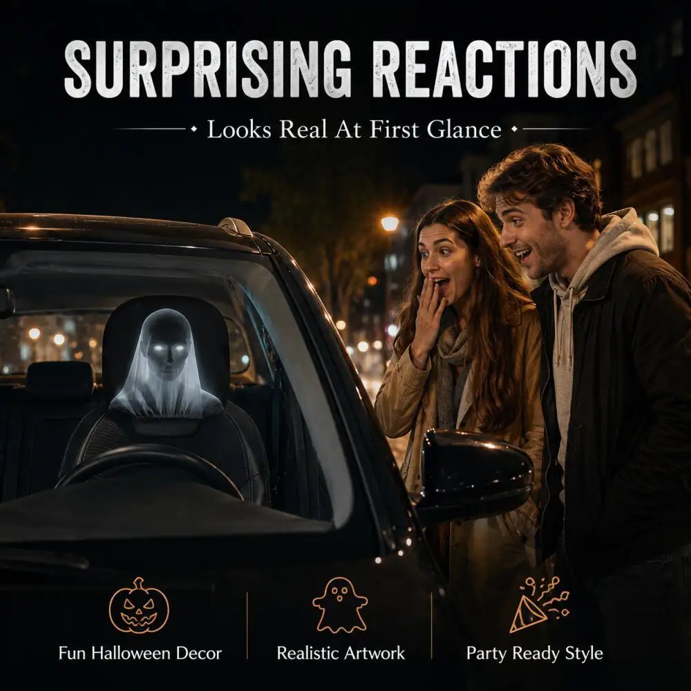 2Pcs Halloween Ghost Bride Car Headrest Covers Mysterious Glowing Eyes Spooky Horror Universal Interior Decor for Sedan SUV