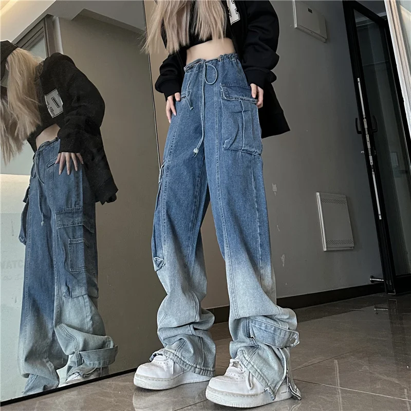 

American Jeans Women's Gradient Blue Trousers 2023 Spring/Summer Gradient High Waist Straight Pants Loose Slim Wide Leg Pants