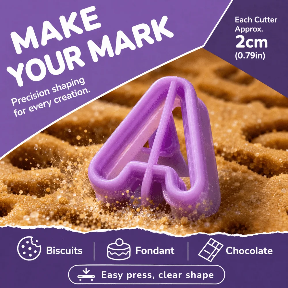 40pcs PP Alphabet Cookie Cutters Alphabet Number Symbol Plunger Design Letter Cutters Set Purple Chocolate Mold Set Sugarcraft