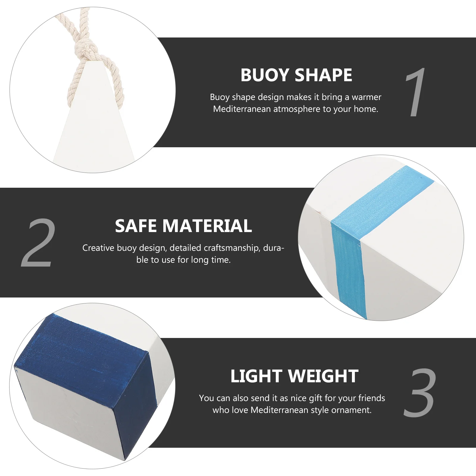 

Mediterranean Buoy Ornament White Wood Sea Buoy Pendant Wall Decor Hanging Decoration for Nautical Theme Room Living Room