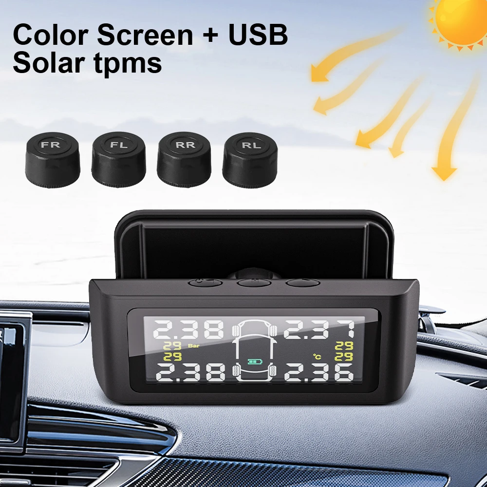 

T34 Solar TPMS Car TPMS Digital 0-6.0Bar Tire Pressure Monitoring System Auto Security Alarm Systems Tire Sensors 433.9200MHz