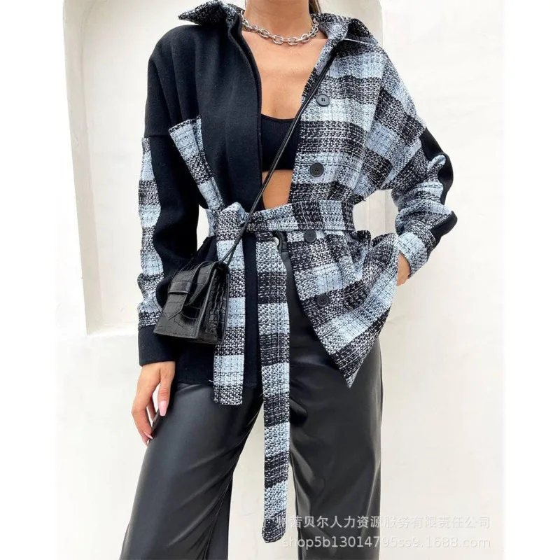 Strap Shirt Coat Single Breasted Lace Up Y2K Casual Shirt Coats Women Long Sleeve Plaid Contrast Color Shirt Jackets