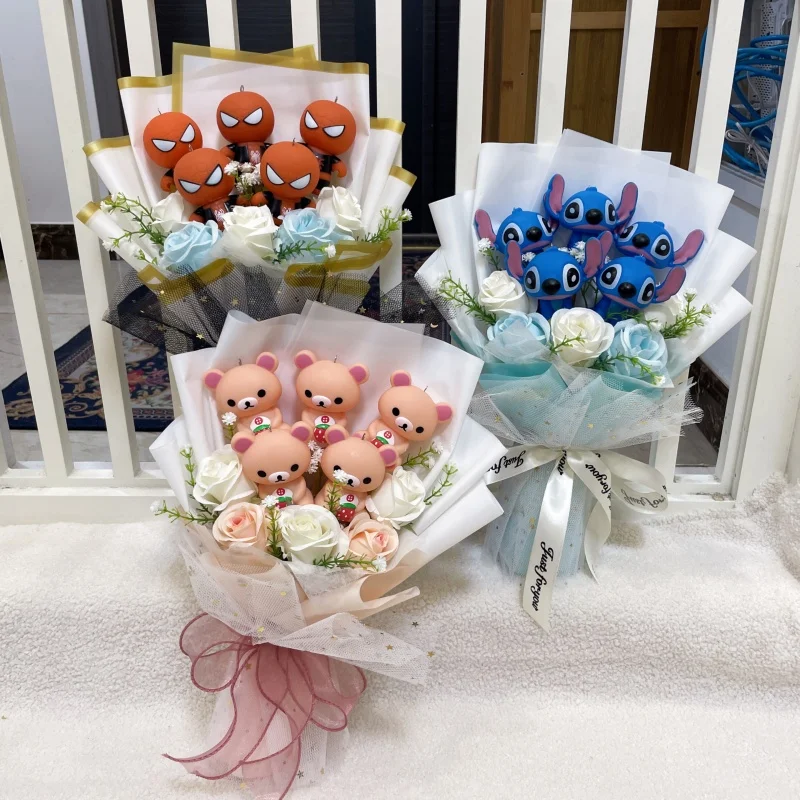 Cartoon Vinyl Doll Stitch Rilakkuma Winnie Action Figures With Artificial Flower Bouquet Christmas Valentine Birthday Gifts