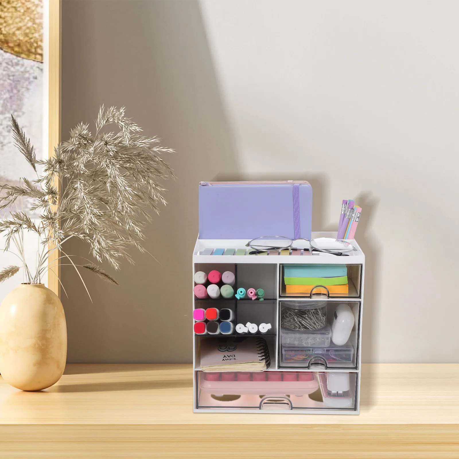 

Clear Desk Organizer Drawer Type Multifunctional Desktop Storage Organizer Office Supplies Pencil Holder Countertop Storage Box