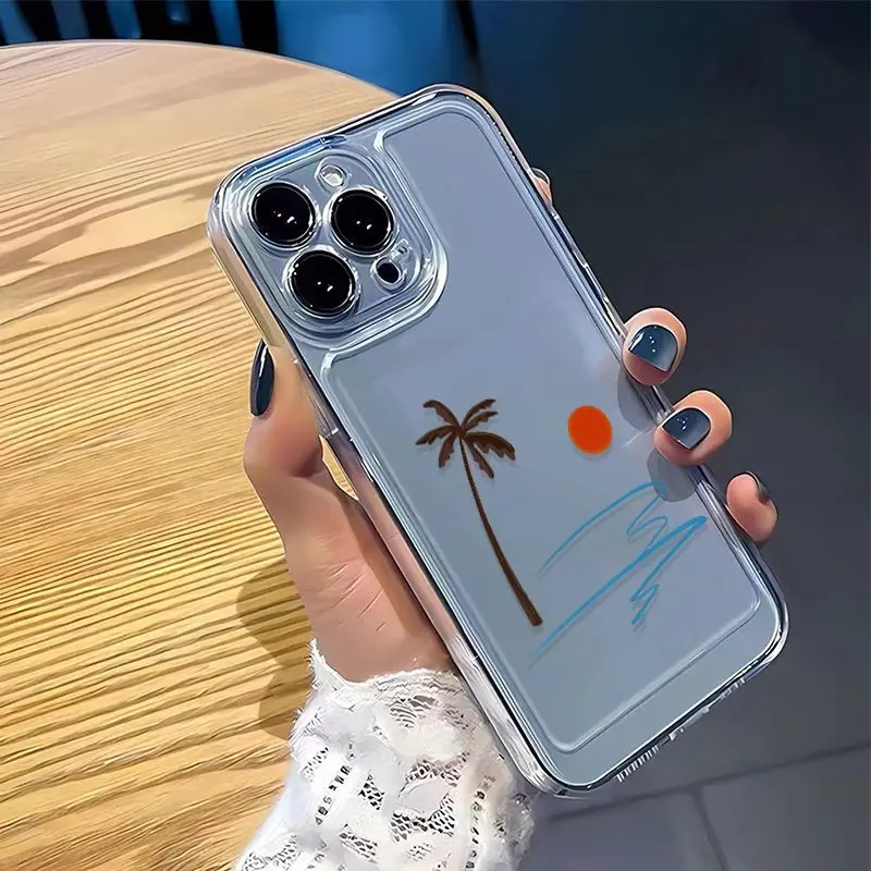 Transparent Red Sun Coconut Tree Wave Phone Case For IPhone 16 15 14 13 12 11 PROMAX XSXR 7 8 Plus Soft Silcone Phone Case Cover