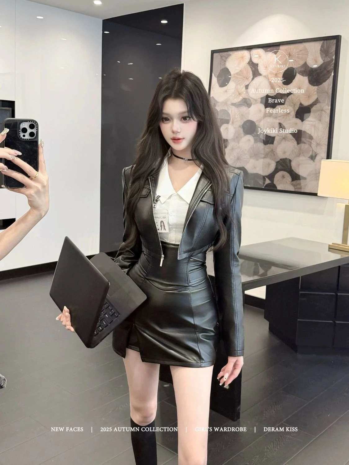 

Spring New Elegant Short Leather Jacket + Polo Neck Shirt + High Waist Slim Fit Skirt Mature Beauty 3 Pcs Sets Women Suits