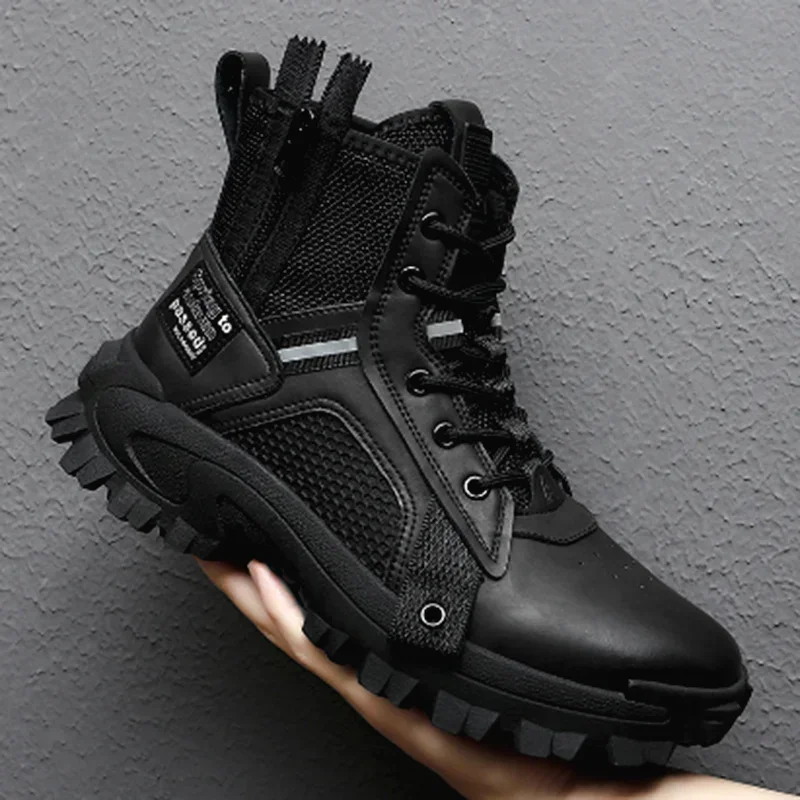 حذاء رجالي عالي الجودة في الهواء الطلق حذاء من الجلد جلد تنفس الدانتيل يصل أحذية عمل نعل سميك عدم الانزلاق مقاومة للاهتراء أحذية التنزه