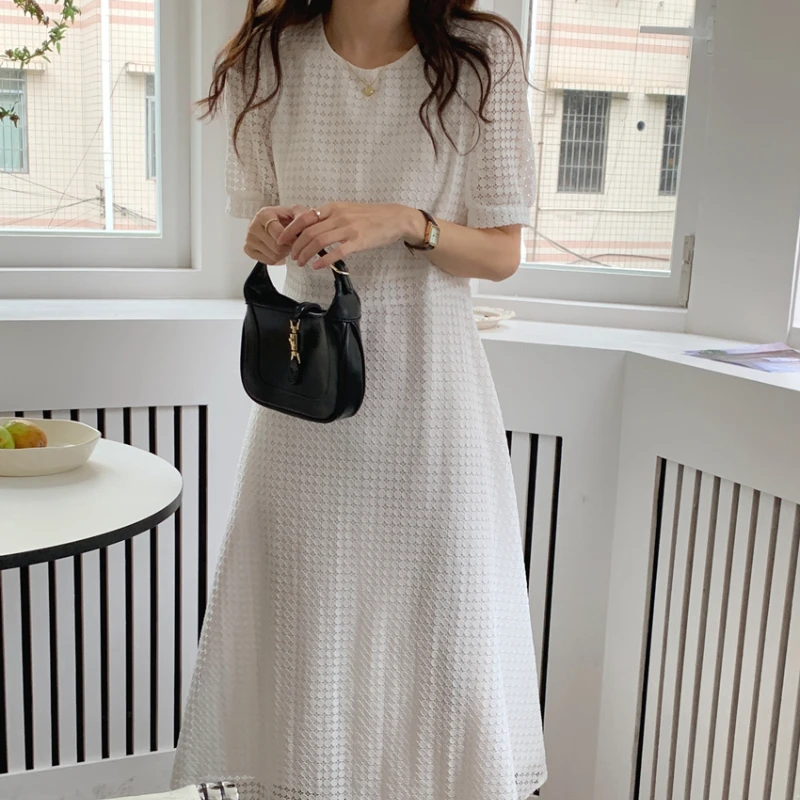 Women\'s Summer Vintage Long Lace Dress with Belt 2022 Female Short Sleeve Midi Robe A-line Sundress Solid Color French Style