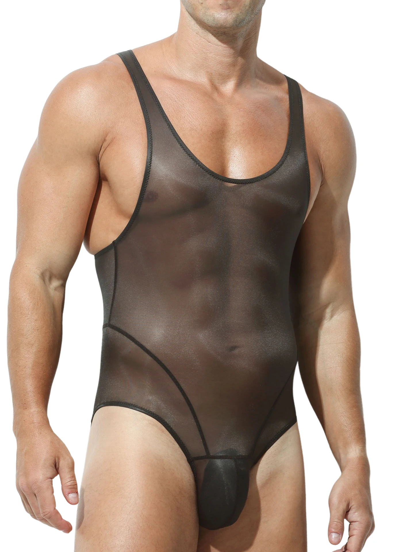 Hot Black White Ice Silk Men's Bodysuit Ultra-Thin Transparent Tight Jumpsuit I-Shaped Vest Chest Shapewear Boxer Shorts
