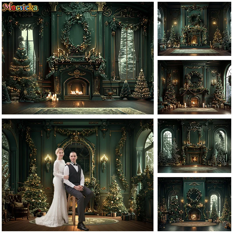 

Winter Photography Background Christmas Xmas Tree Fireplace Green Backdrop New Year's Eve Party Family Portrait Photo Banner