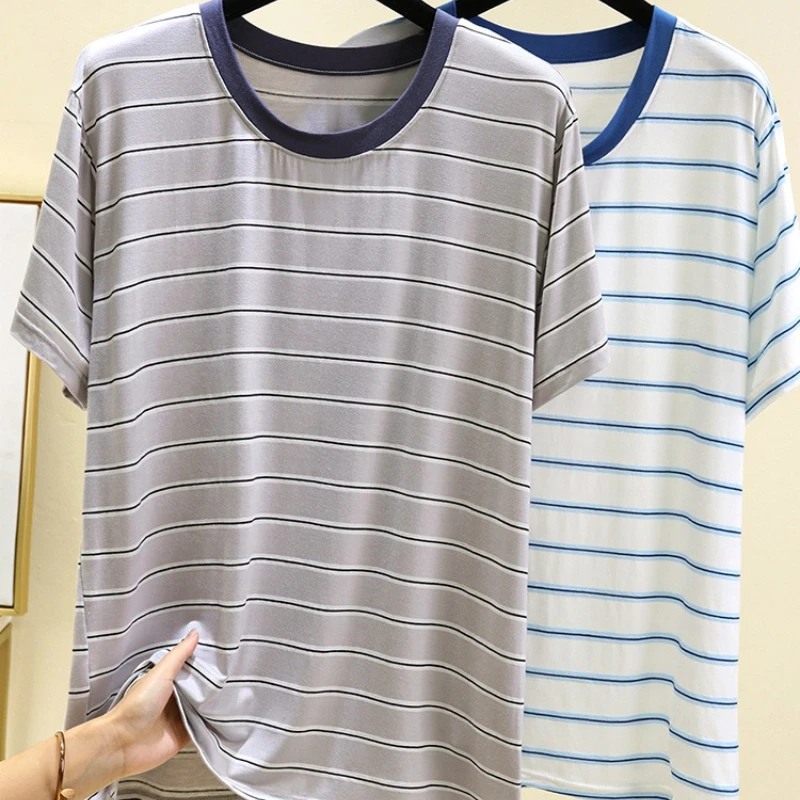 

Мужская полосатая футболка из модала с круглым вырезом и короткими рукавами, летняя тонкая домашняя пижама, топ, повседневная верхняя одежда, молодежная одежда для сна
