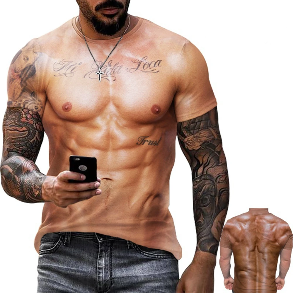 2026 Sommer Herren Mode-Trend Personalisierte Kreativität 3D-Druck Fake-Muskel-Print T-Shirt Street Casual Spaß Kurzarm-Shirt – Detail 4