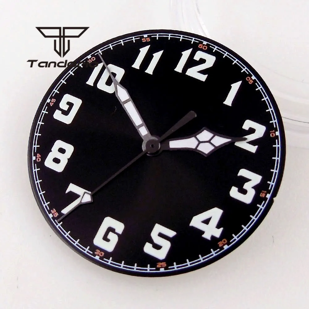 tandorio 33,5mm Schwarz Uhr Zifferblatt Hände Orange/Weiß Marks Grün Leuchtende Fit NH35A NH36A ETA2824 2836 PT5000 ST2130 Automatische bewegung 6