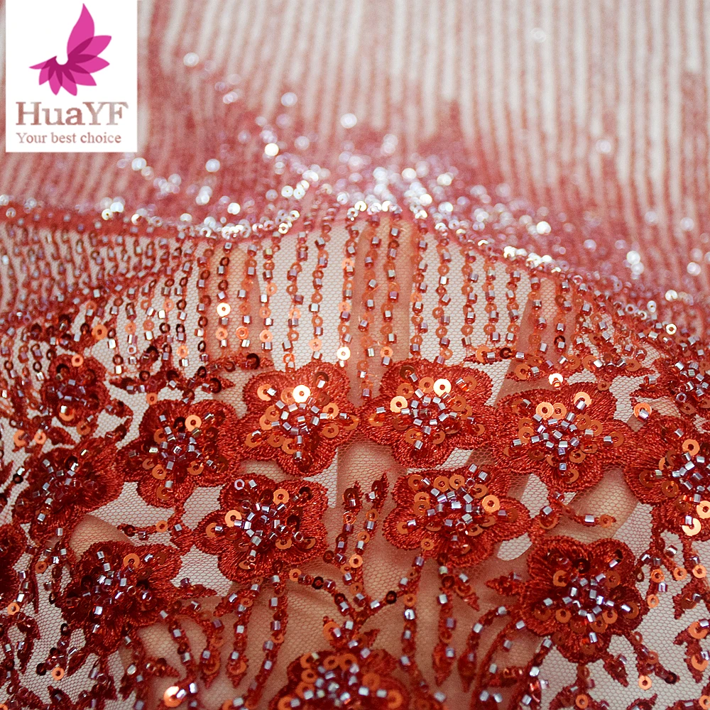 1 Yard Hot-selling Red African Beaded Sequins Fabric Mesh Lace Bride Simple Evening Dress Materials HY2488