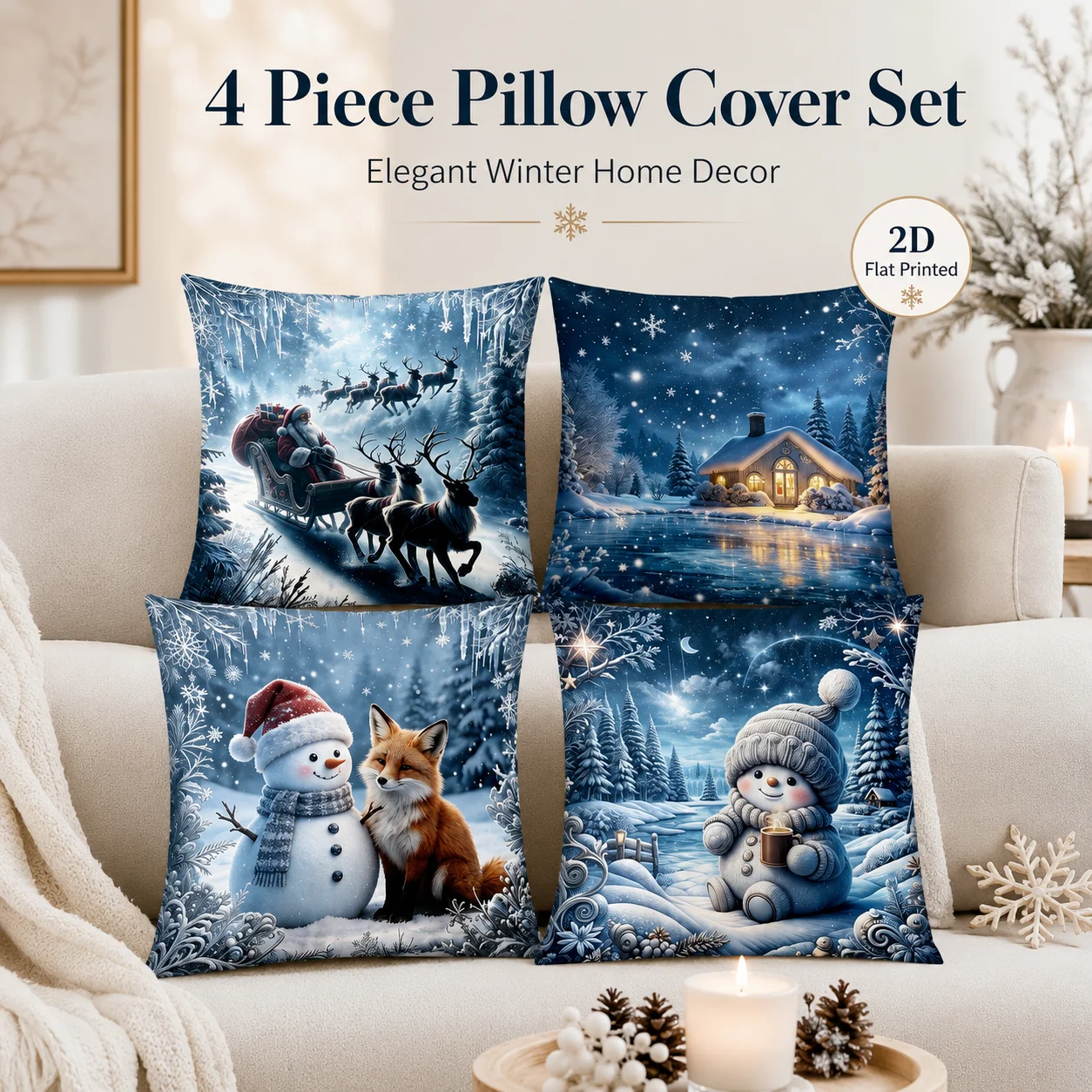 

Christmas Winter Cushion Covers 2D Flat Printed Peach Skin Set Of 4 Santa Snowman Coussin Throw Pillow Case Room Decor Holiday
