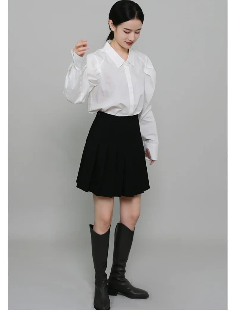 

Women's Commute Cotton Shirt Style Long Sleeve White Bubble Sleeve Single Row Multi Button Classic Pure Color Straight Cut
