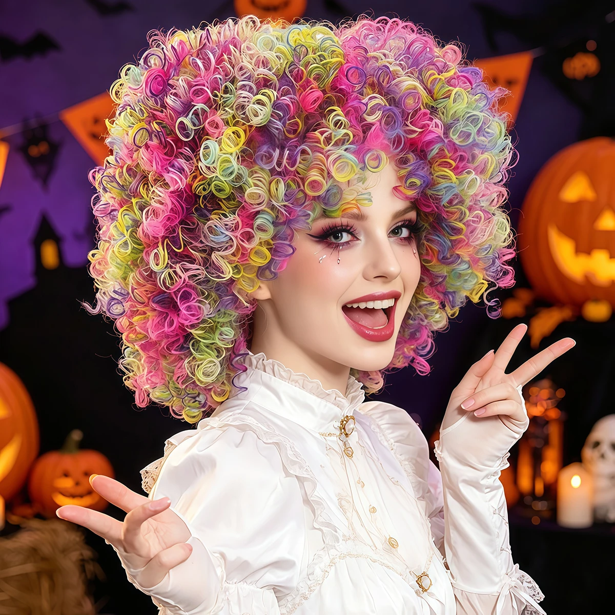 Rainbow Multicolor Fluffy Afro Curly Wig Synthetic Hair Clown Cosplay Halloween Carnival Costume Party Full Wigs for Adults