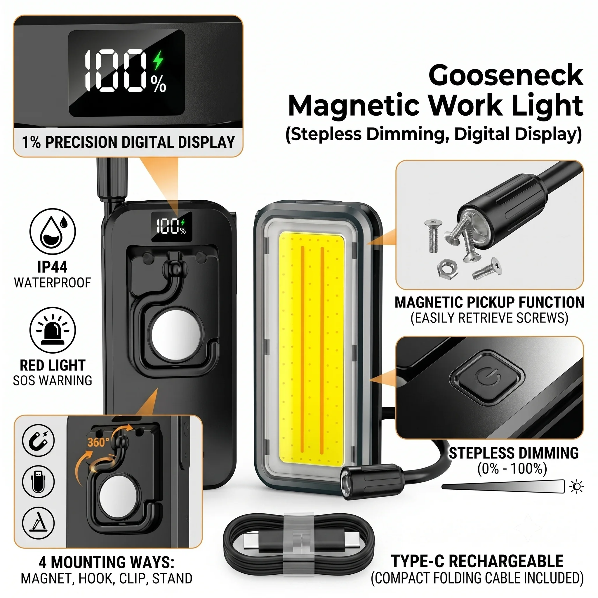 Rechargeable Magnetic Work Light, 24cm Gooseneck, Stepless Dimming COB LED, 4 Mounts, IP44 Waterproof for Auto Repair Garage