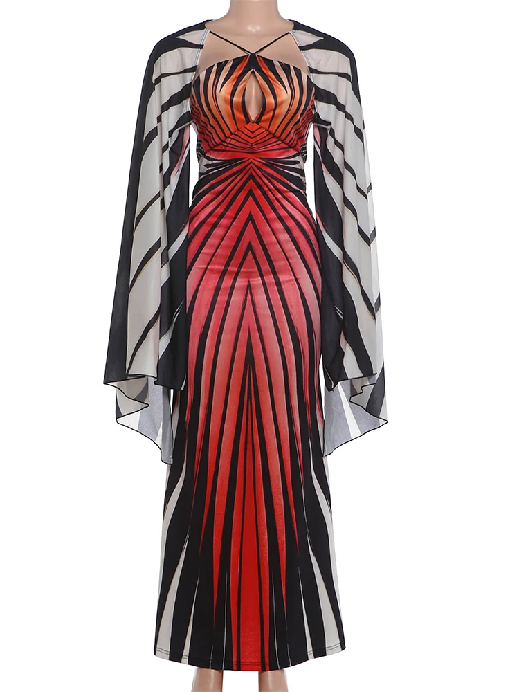 Weird Puss Buntes gestreiftes langes Kleid für Damen, mit Schnürung, Neckholder, rückenfrei, Fledermausärmel, Mitternachts-Abendkleid, Partykleid, gerafft, elegantes Vestido – Detail 3