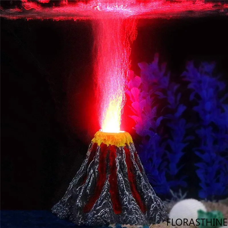 Resin Aquarium Decorations Air Stone Bubbler Volcano Shape Ornament Kit Set with LED Red Spotlight for Betta Aquarium Fish Tank