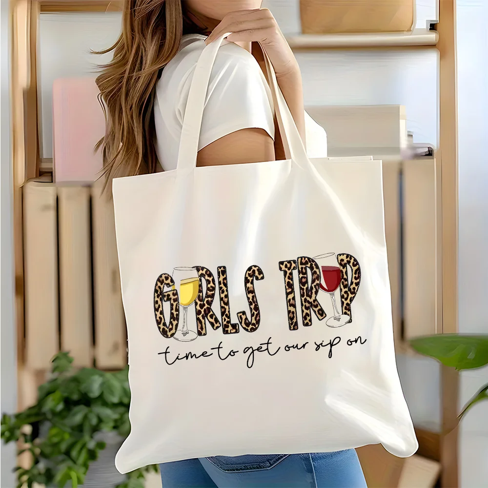 Girls Trip Canvas Tote Bag, Leopard Print Wine Glass Design, Reusable Girls Weekend Shopping Shoulder Bag, School, And Travel