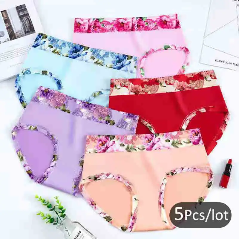 

New 5Pcs/Lot Women Underwear Cotton Panties Plus Size Floral Breifs Sexy Lingeries Female Seamless Underpants Ladies Print Panty