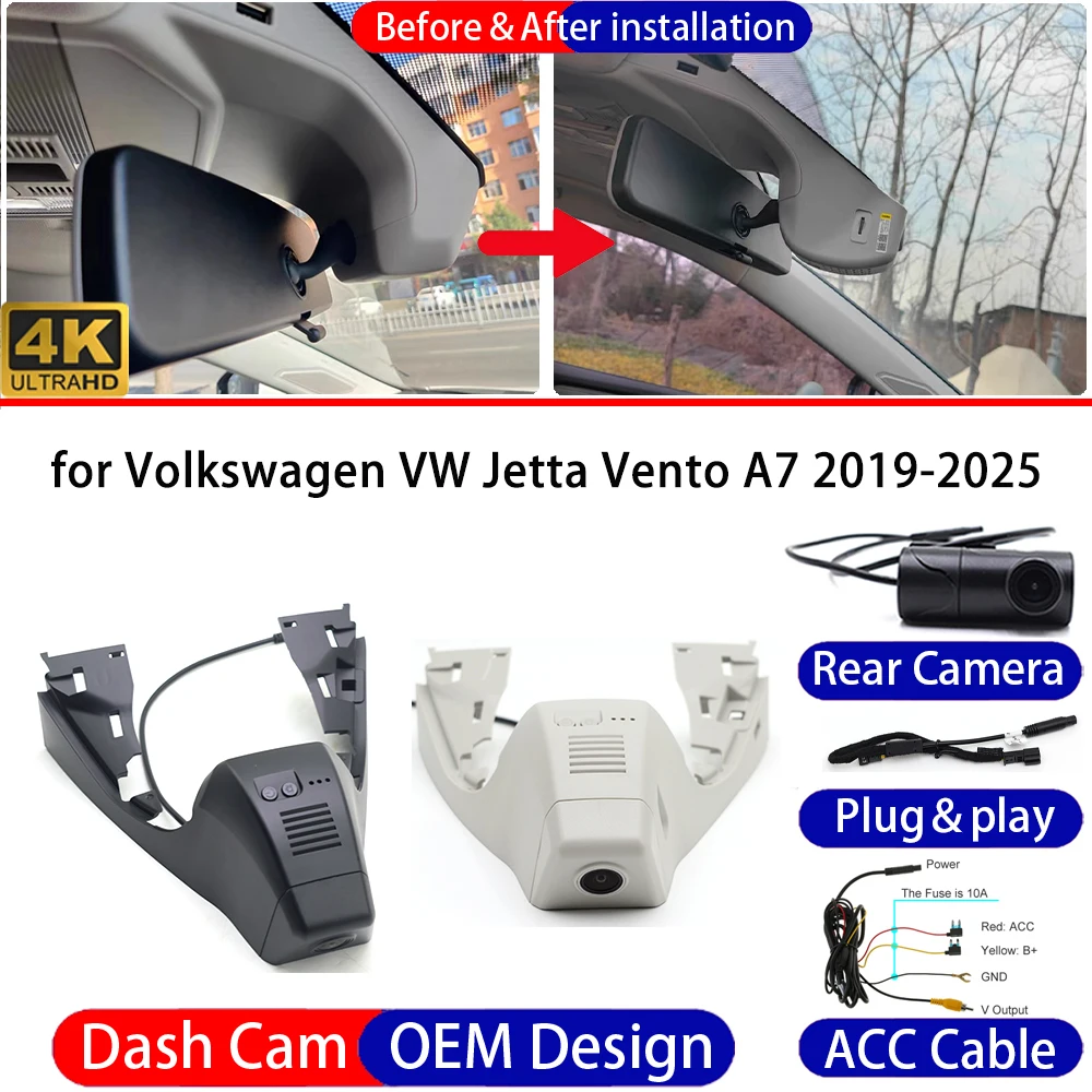 Cámara para Auto Volkswagen VW Jetta Vento A7 2019-2025, Delantera y Trasera, 4K, 24h, DVR, Grabador de Video, Visión Nocturna