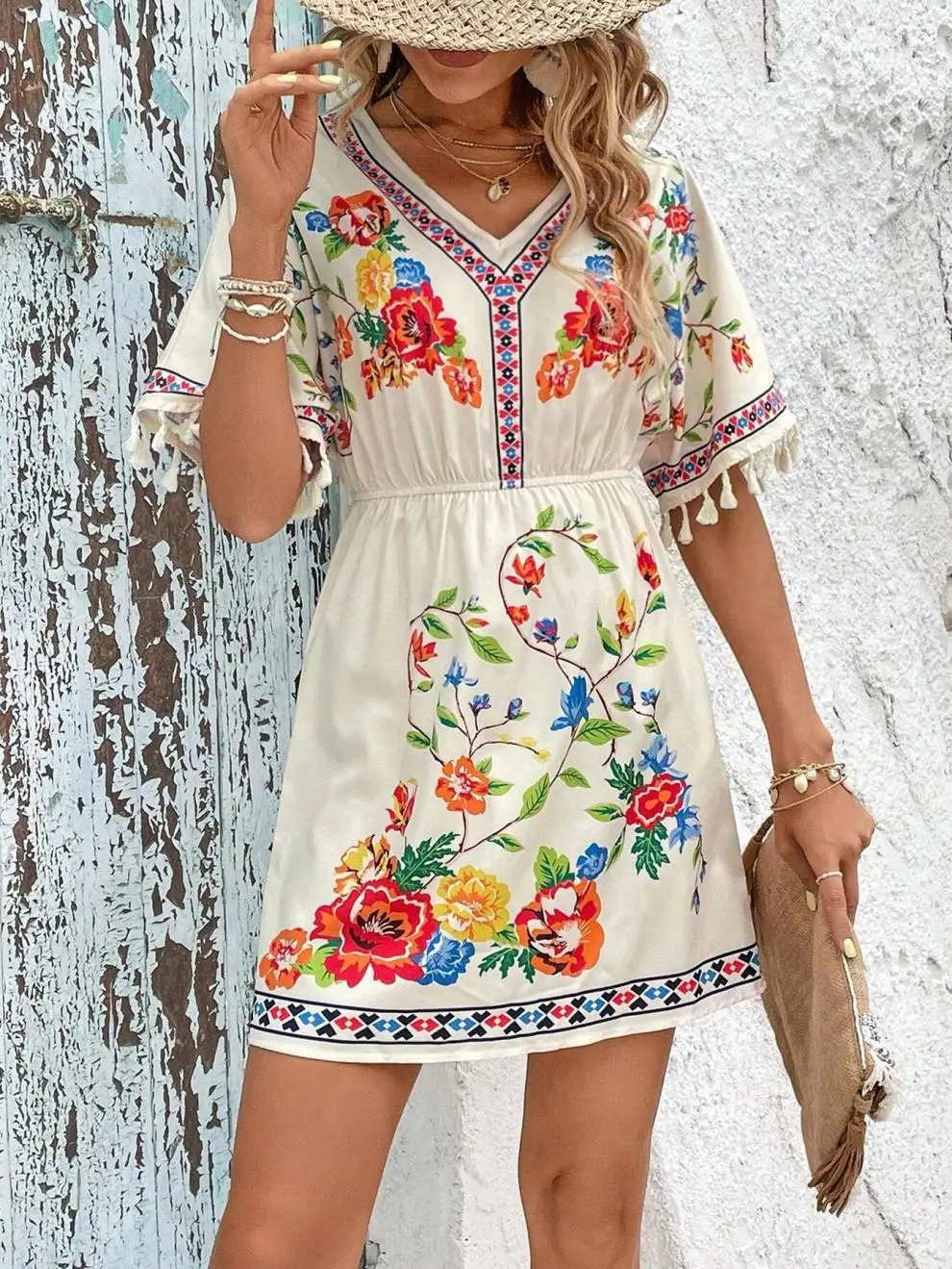 Vestido curto de férias boêmio Shein, vestido nacional retrô, romântico Su, indústria pesada impressão, cintura glamourosa