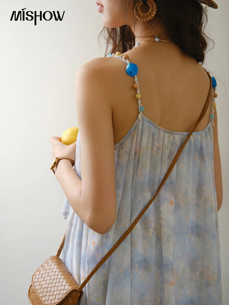 Mishow moda impressão cinta vestido para mulher 2025 verão nova multi camada plissado borda emenda sem mangas midi vestidos mxe35l2233