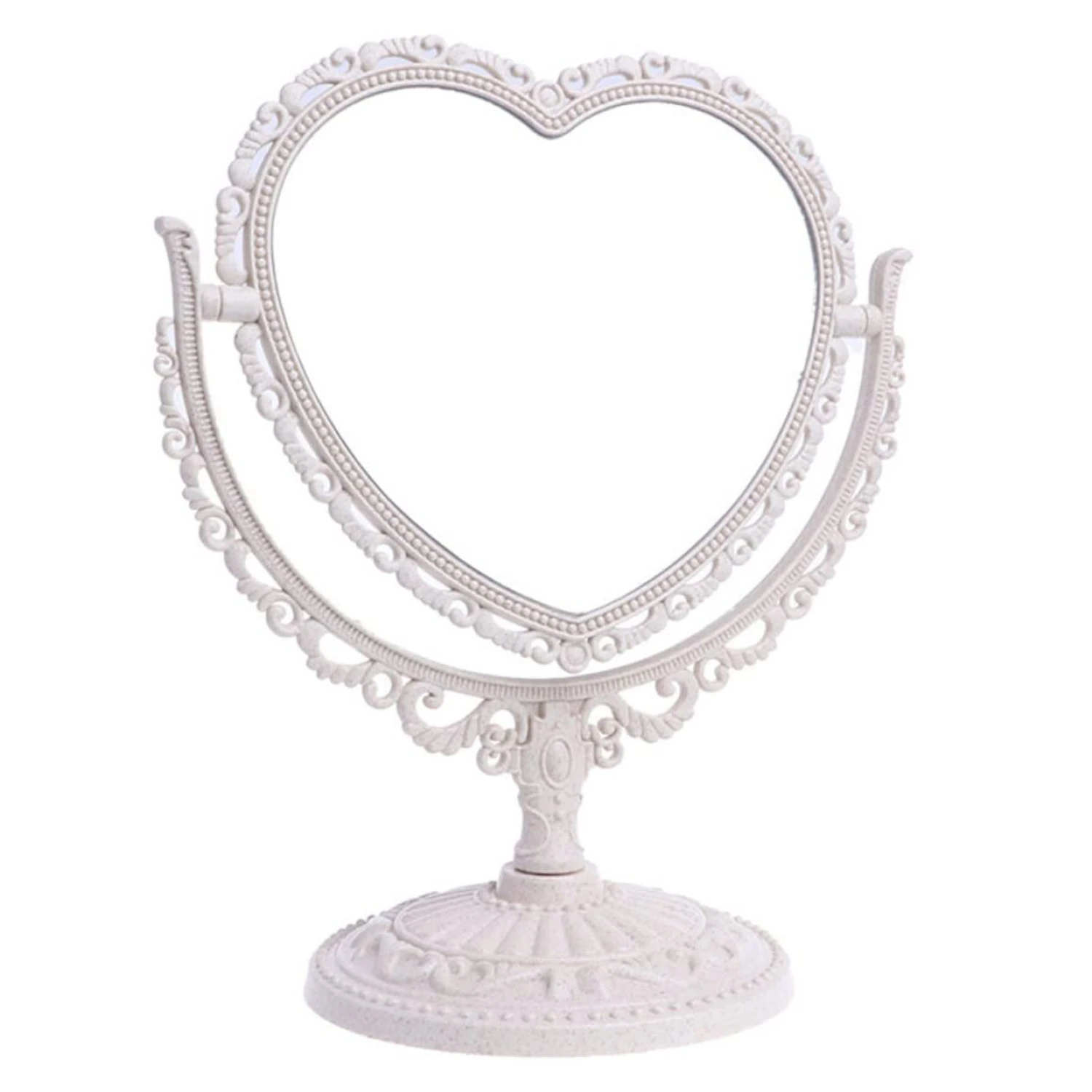 Makeup  Heart Shaped, Cute Vintage Tabletop  Aesthetic Heart Shaped  Rotatable Double Sided Desktop Cosmetic Vanity , Beige