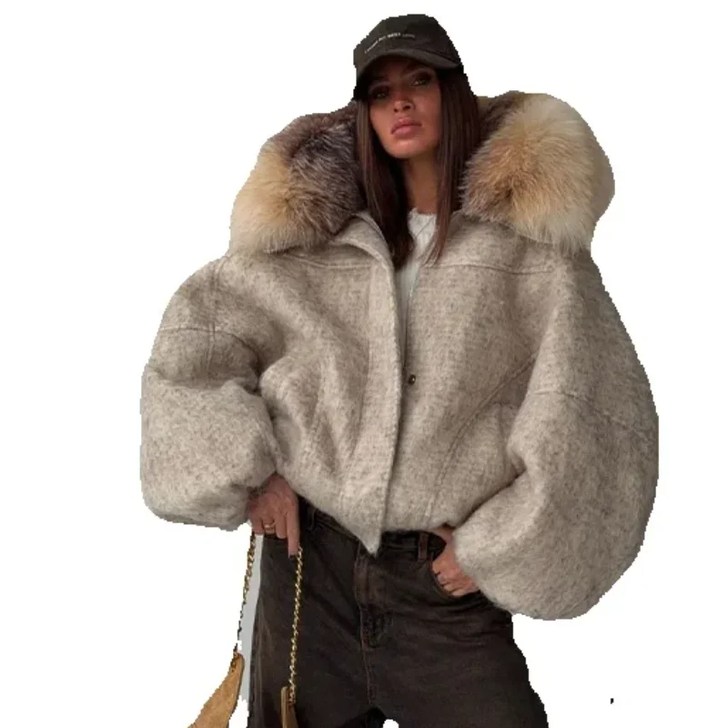 سترة دافئة بأكمام طويلة وياقة من الفرو الاصطناعي معطف عتيق كبير الحجم موضة شارع العليا 2025 ملابس خارجية جديدة لخريف وشتاء