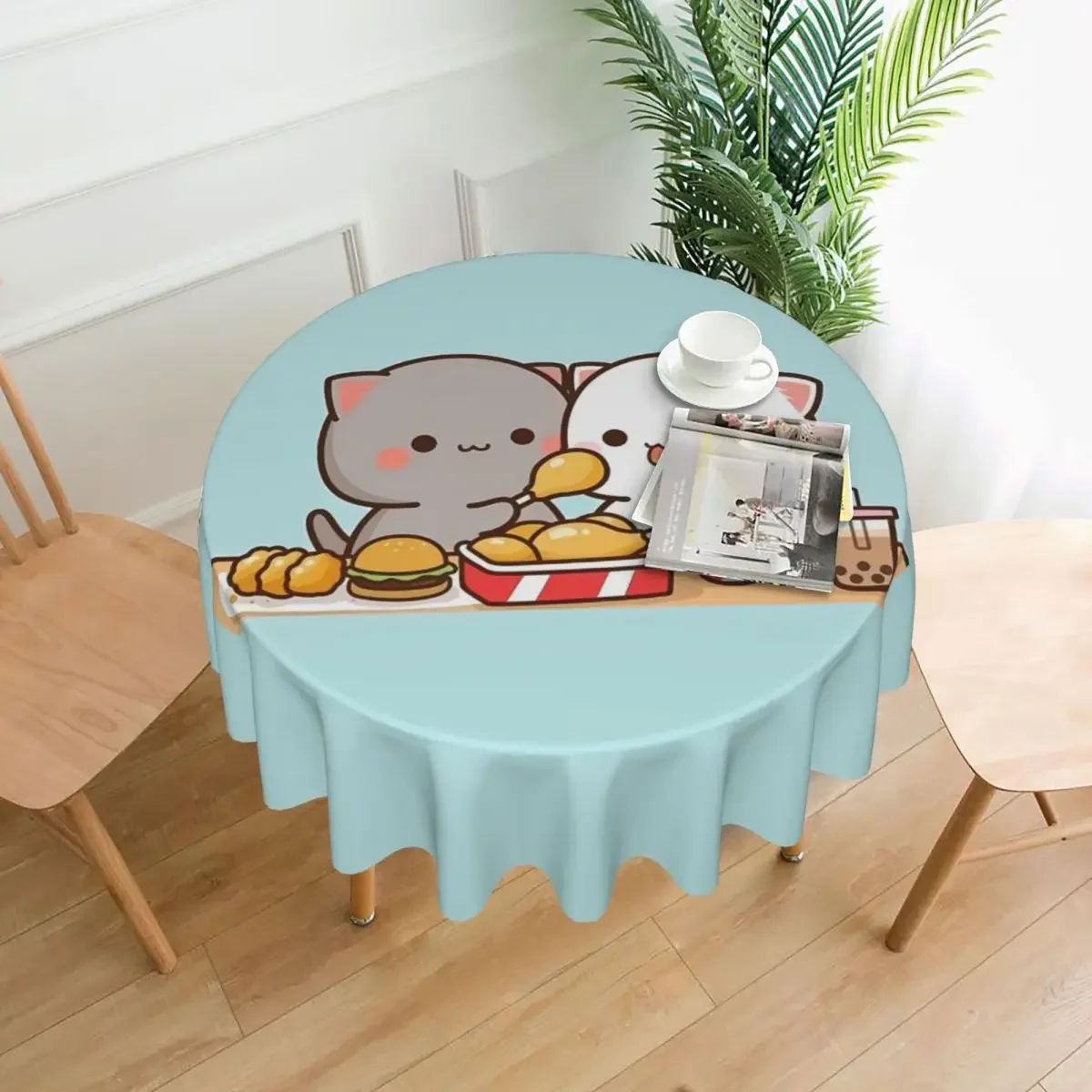 Peach And Goma Mochi Cat Round Tablecloth Fast Food Outdoor Table Cloth Funny Events Dining Tables Pattern Table Cover