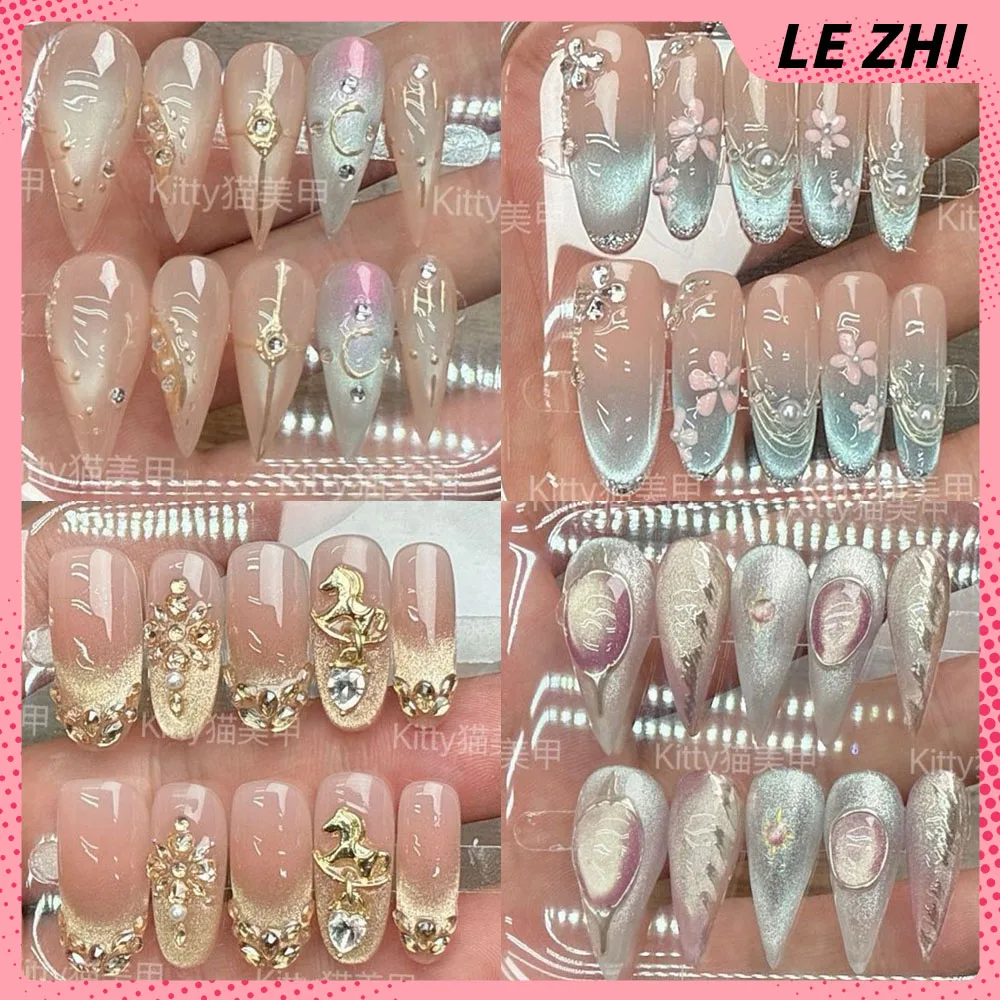Light Luxury Gentle Style Cat's Eye Diamond Handmade Nail Patch Gemstone Bowknot 3D Flower Medium Ellipse Fake Nails Accessories