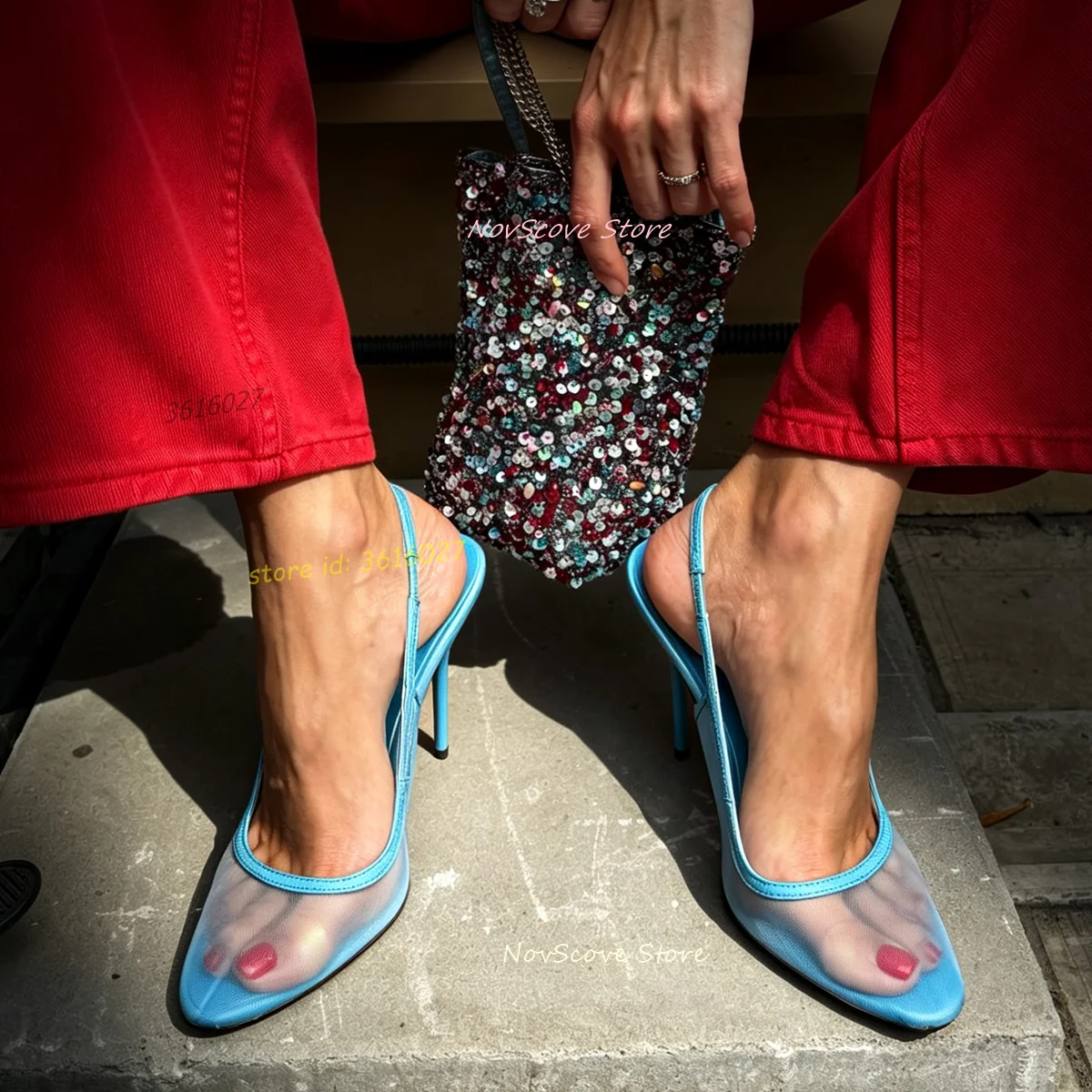 Blue Mesh Sandals Pointy Toe Back Straps Stiletto High Heels Slip On Sandals Summer Sexy Women Party Dress Shallow Pumps