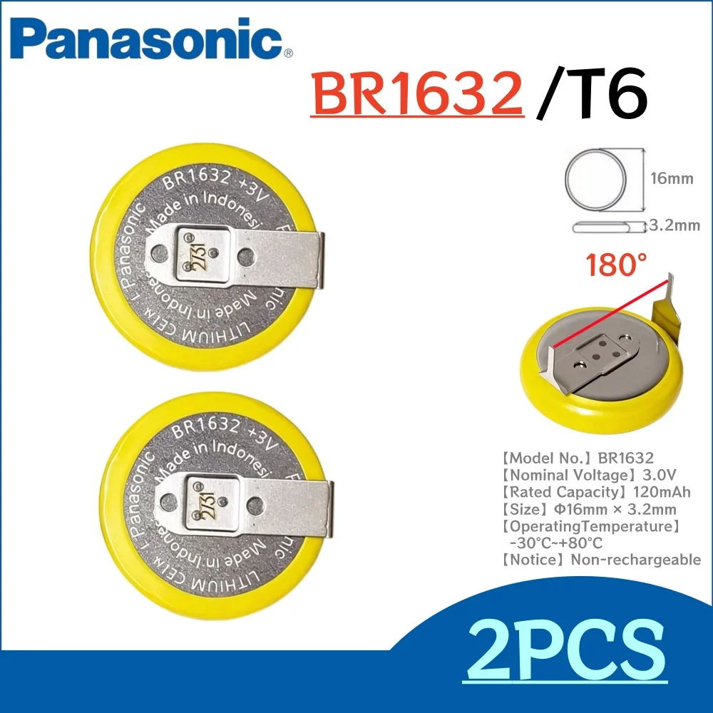 2~10Pcs Panasonic BR1632 T6 180° 3V Coin Cell Battery with Solder Tabs for PLC Computer Motherboard Medical Equipment
