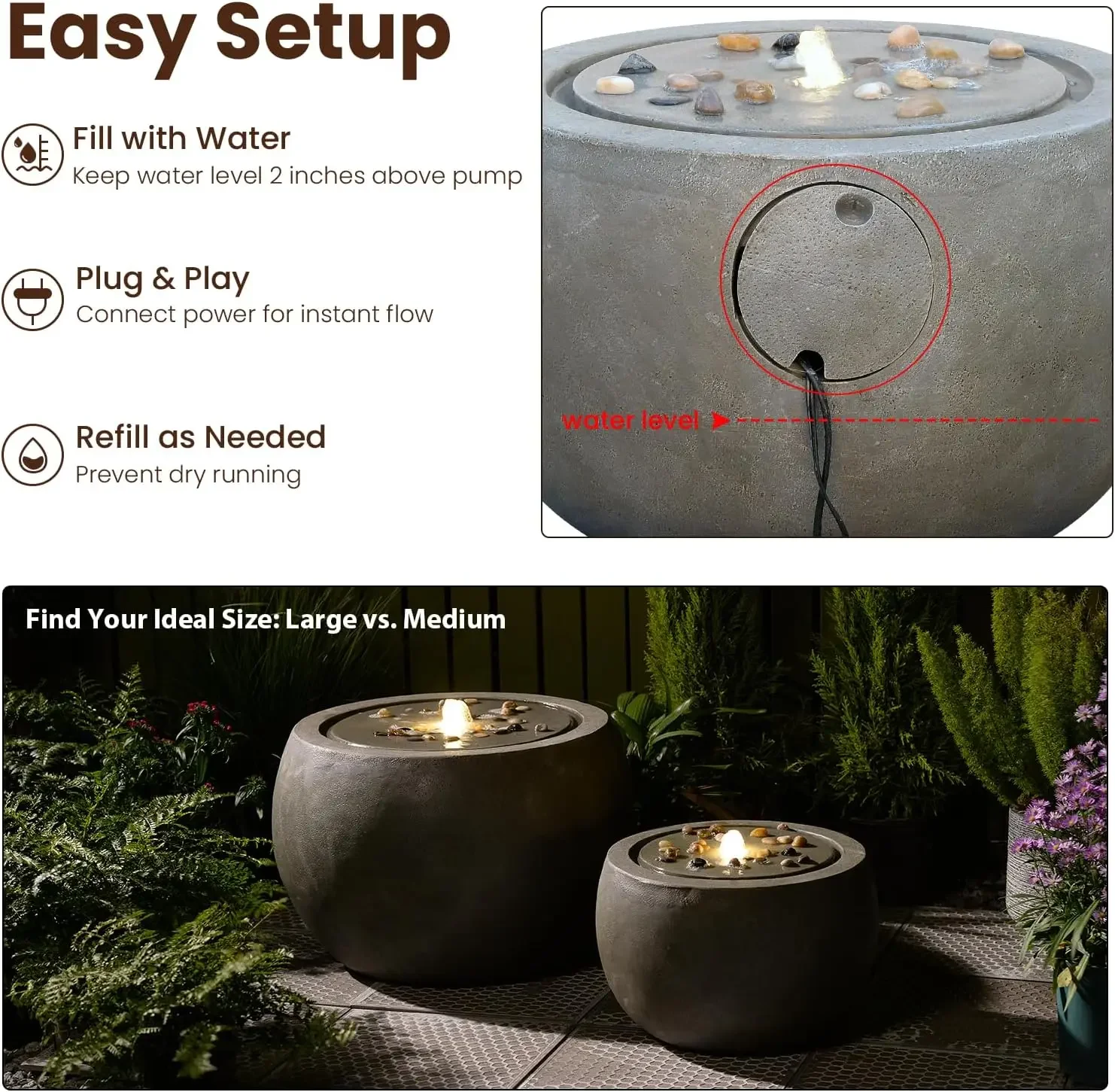 Garden Water Fountain Outdoor Bubbler Water Feature Indoor with Lights & Pump and Pebbles Waterfall Fountains Concrete Effect fo