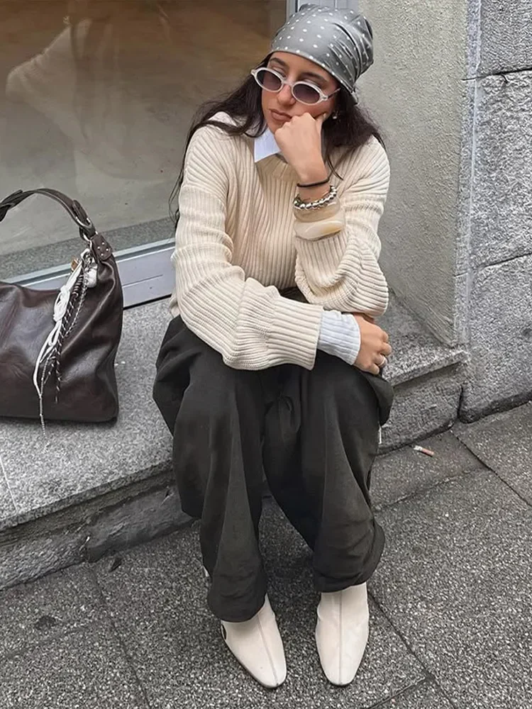 Letter Embroidered Women's Sweater Knit Oversize O-neck Long Sleeve Female Knitwear 2026 Spring Chic Casual Daily Pullover