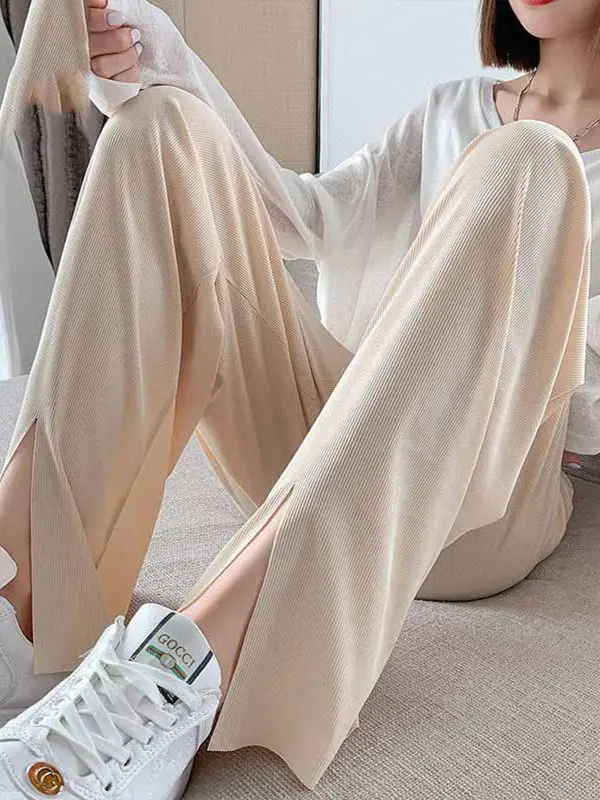 اضافية كبيرة الحجم الحرير الجليد بنطال ذو قصة أرجل واسعة المرأة الصيف رقيقة فضفاضة مستقيمة عادية عالية الخصر ثنى فضفاضة تناسب بنطلون