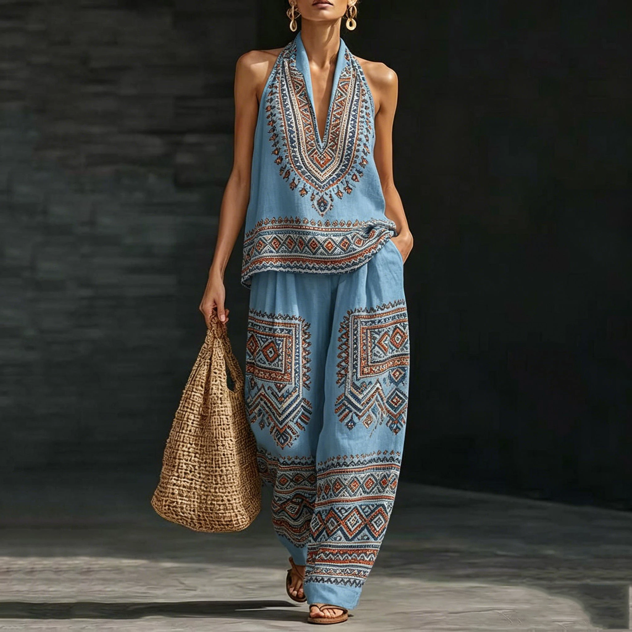 

Bohemian Flower Print Women 2 Piece Sets Outfits Summer Fashion Halter Neck Sleeveless V-Neck Tank Top Loose Wide Leg Pants Set