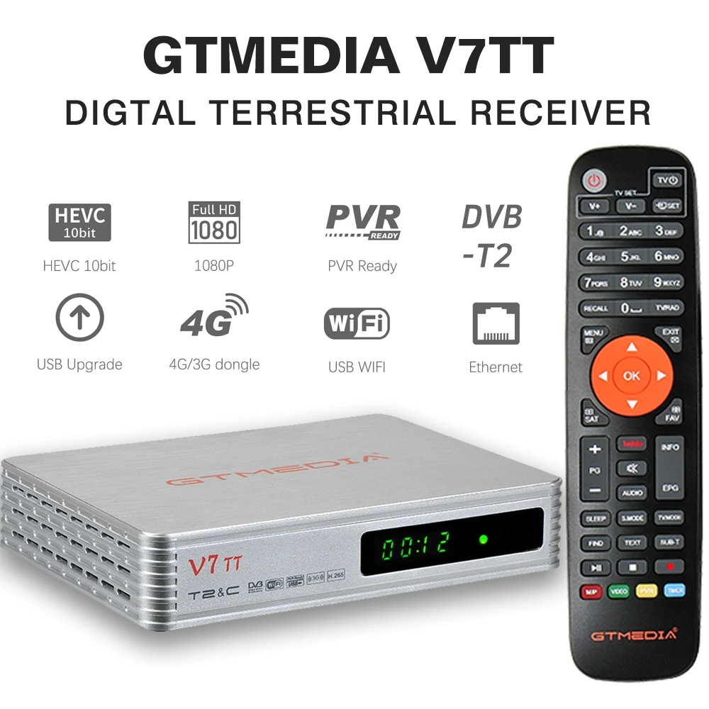 GTMEDIA V7 TT TV Receiver Decoder DVB-T2 Digital Cable With USB WIFI H.265 10bit Full HD 1080p with WiFi Antenna stcok in spain