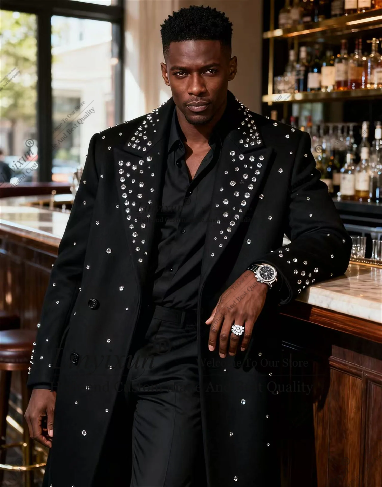 

Fashion Long Coat Pants Men Suits 2 Pieces Groom Male Blazers High End Rhinestones Ropa hombre Customized Slim Wedding Tuxedos