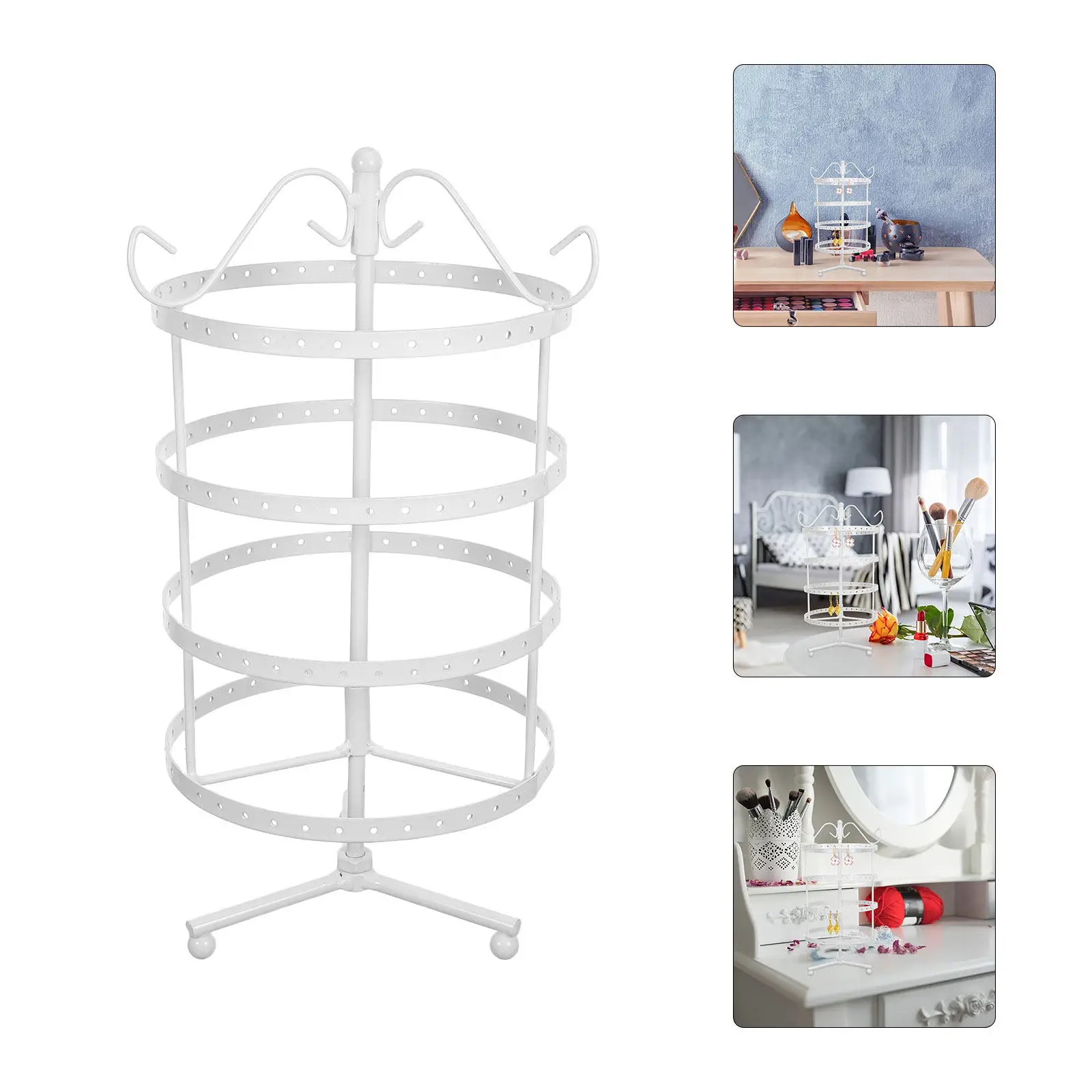 

4-Tier 144-Hole Rotating Earring Display Stand Metal Jewelry Holder for Home Store Use White 15x15x31cm Earring Display Rack