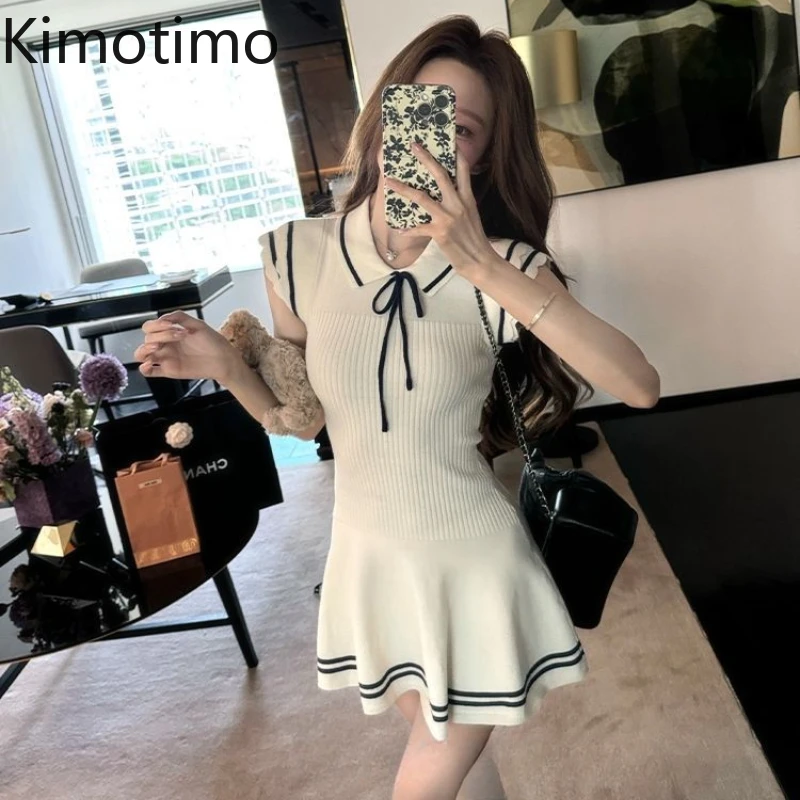

Kimotimo Preppy Style Navy Knitted Lace Up Mini Dress Women Sweet Flying Sleeve Slim Waist A-line Dresses Summer Cute Vestidos