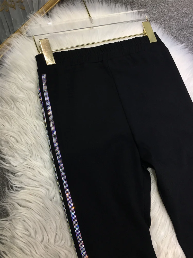 Letras espumantes quentes de perfuração leggings femininas lado colorido diamante preto fino calças de fundo estiramento cintura alta magro legging